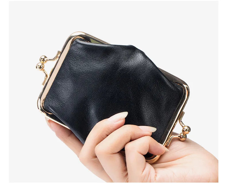 Genuine Leather Double Clamp Coin Purse Small Wallet Bag Pouch