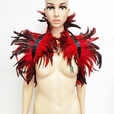 Black Rooster Feather Shrug Gothic Collar with Ribbon Ties
