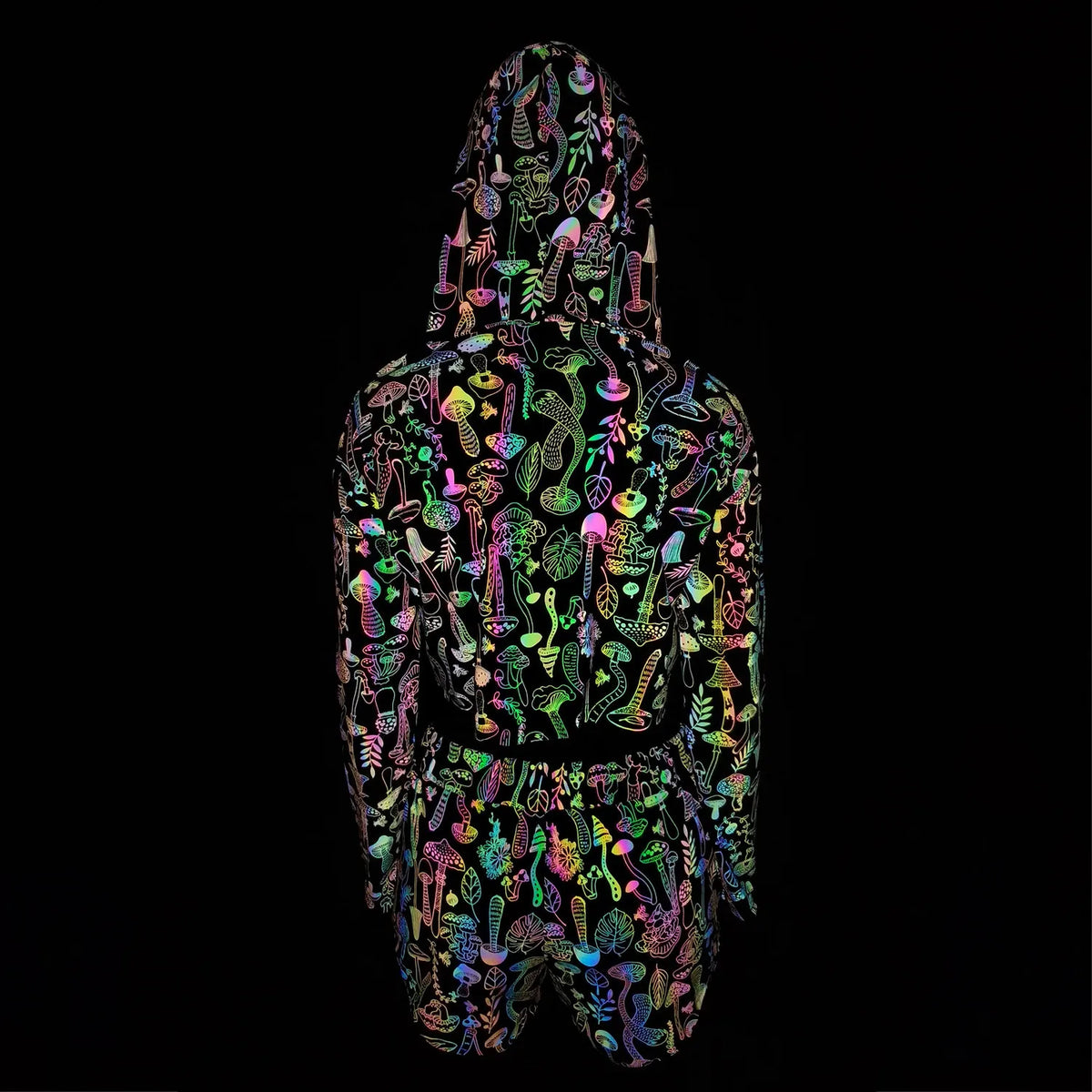 Reflective Mushroom Print Shorts Cropped Hoodie