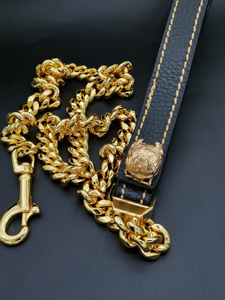 French Bulldog Dog Leash 14mm Cuban Chain Genuine Leather Stainless Steel Pet Accessories