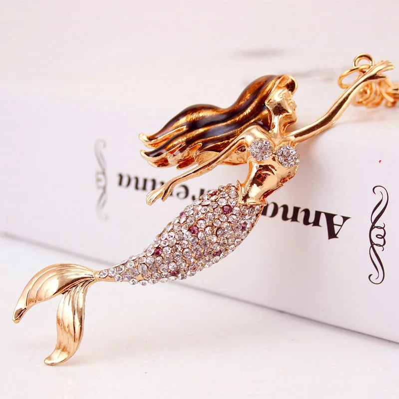 Mermaid Key Ring Enamel Crystal Purse Bag Buckle Pendant For Car Keyrings