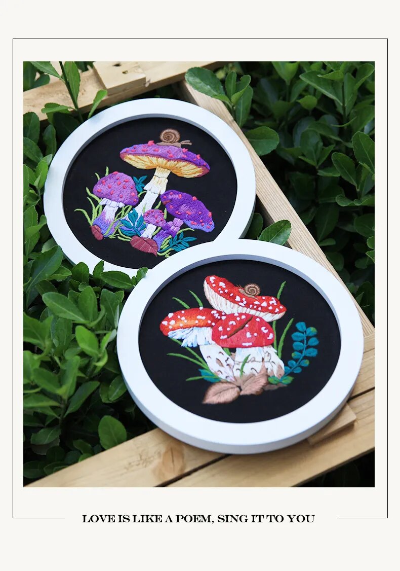 DIY Mushroom Embroidery Kit with Hoop Beginner Needlework Set