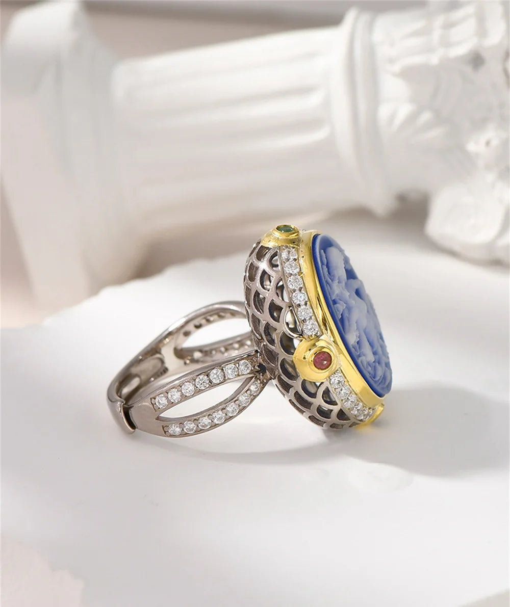La Belladonna Wraith S925 Sterling Silver Rings Blue Agate White Shell Full Zircon Portrait Jewellery