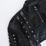 Women's Punk Crop Jacket PU Leather Cosplay Jacket Rivet Strap Gothic Streetwear Top