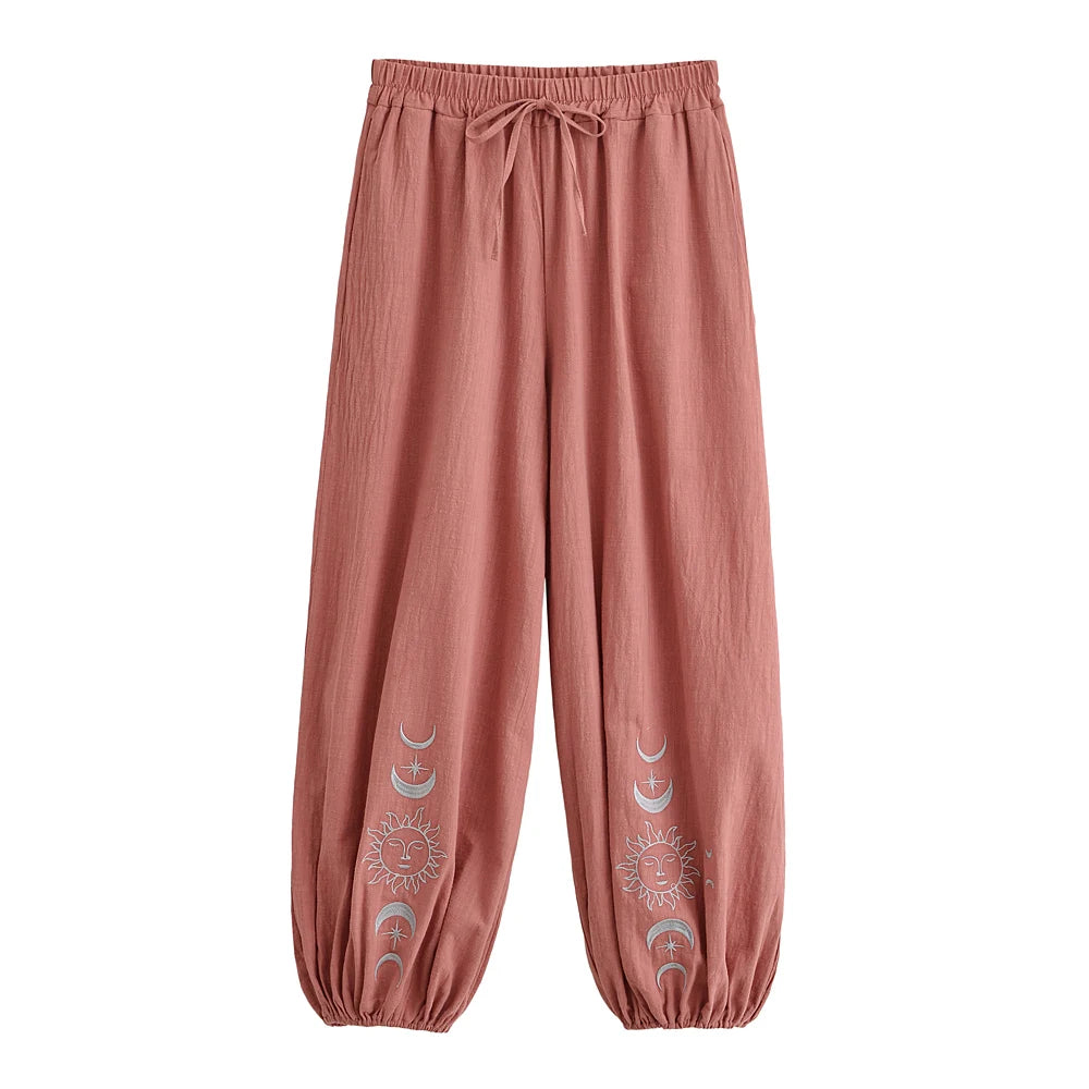 Sun Moon Embroidered Linen Cotton Baggy Pants Side Pockets Loose Yoga Wear