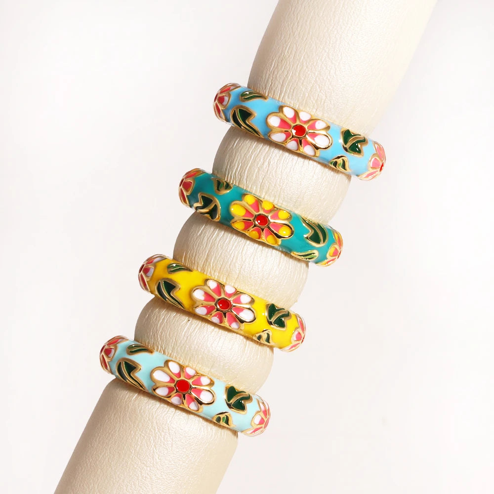 Vintage Boho Colourful Enamel Flower Rings