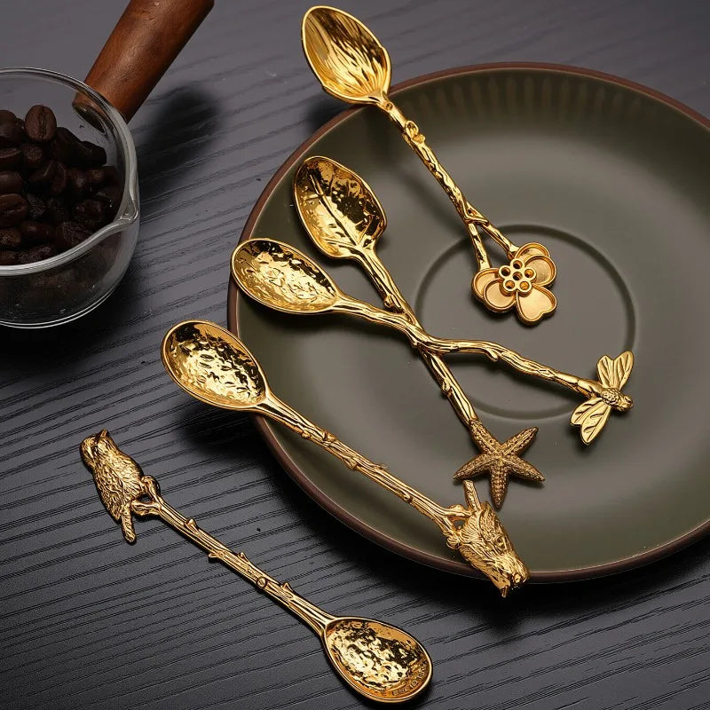 Dragonfly Teaspoons Bird, Starfish, Flower Golden Mini Spoons