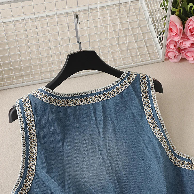 Mardi's Boho Denim Floral Embroidery Vest Top
