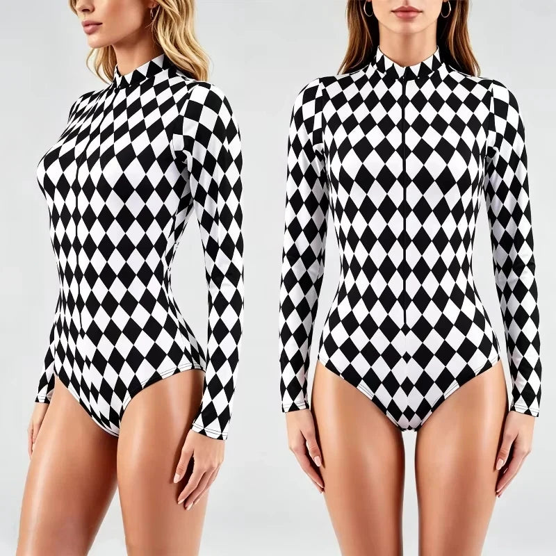 Black White Argyle Print Long Sleeve Bodysuit Retro Cosplay High Neck Swimsuit Music Club Party Performance Costume