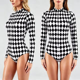Black White Argyle Print Long Sleeve Bodysuit Retro Cosplay High Neck Swimsuit Music Club Party Performance Costume