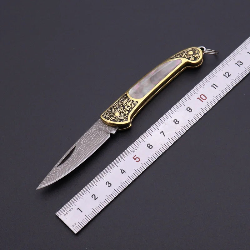 Principessa Pesca Handmade Shell Inlaid Folding Knife High Quality Sharp Brass Portable Keychain Mini Knife