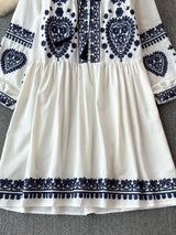 Georgia's Embroidered Boho Cotton Linen Long Sleeves Mini Dress