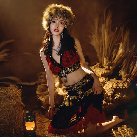 Tribal Fusion Women Belly Dance Costume 2 pieces Top and Hip Scarf
