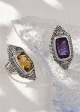 The Gypsy's Lantern S925 Sterling Silver Rings Natural Amethyst Yellow Crystal