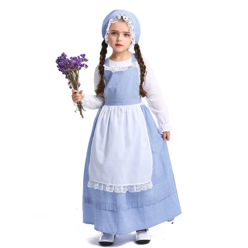Little House Prairie Pioneer Girl Costume Olden Day Dress Purim Halloween Cosplay