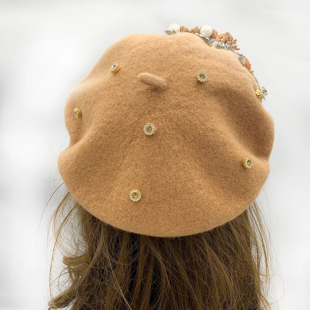 Margie's Flower Diamonte Winter Autumn Beret 10 Colours