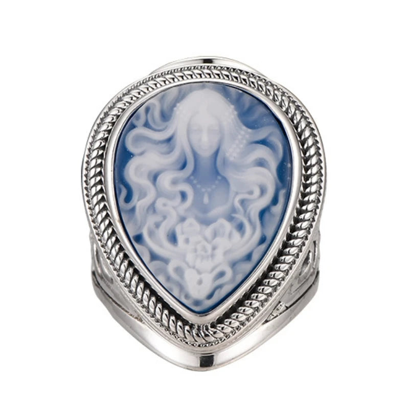 Elena's Spirit S925 Sterling Silver Rings Waterdrop Shaped Shell Agate Cameo Jewellery