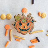 Set of Four Halloween Mini Enamel Pins Witchy Badge Bat Ghost and Candy Corn Glitter Brooches