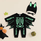 Glow In The Dark Baby Halloween Bat Costumes Long Sleeve Jumpsuit with Hat 0-24M