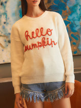 Hello Pumpkin Halloween Sweater Letter Embroidery Knit Fall Winter Pullover