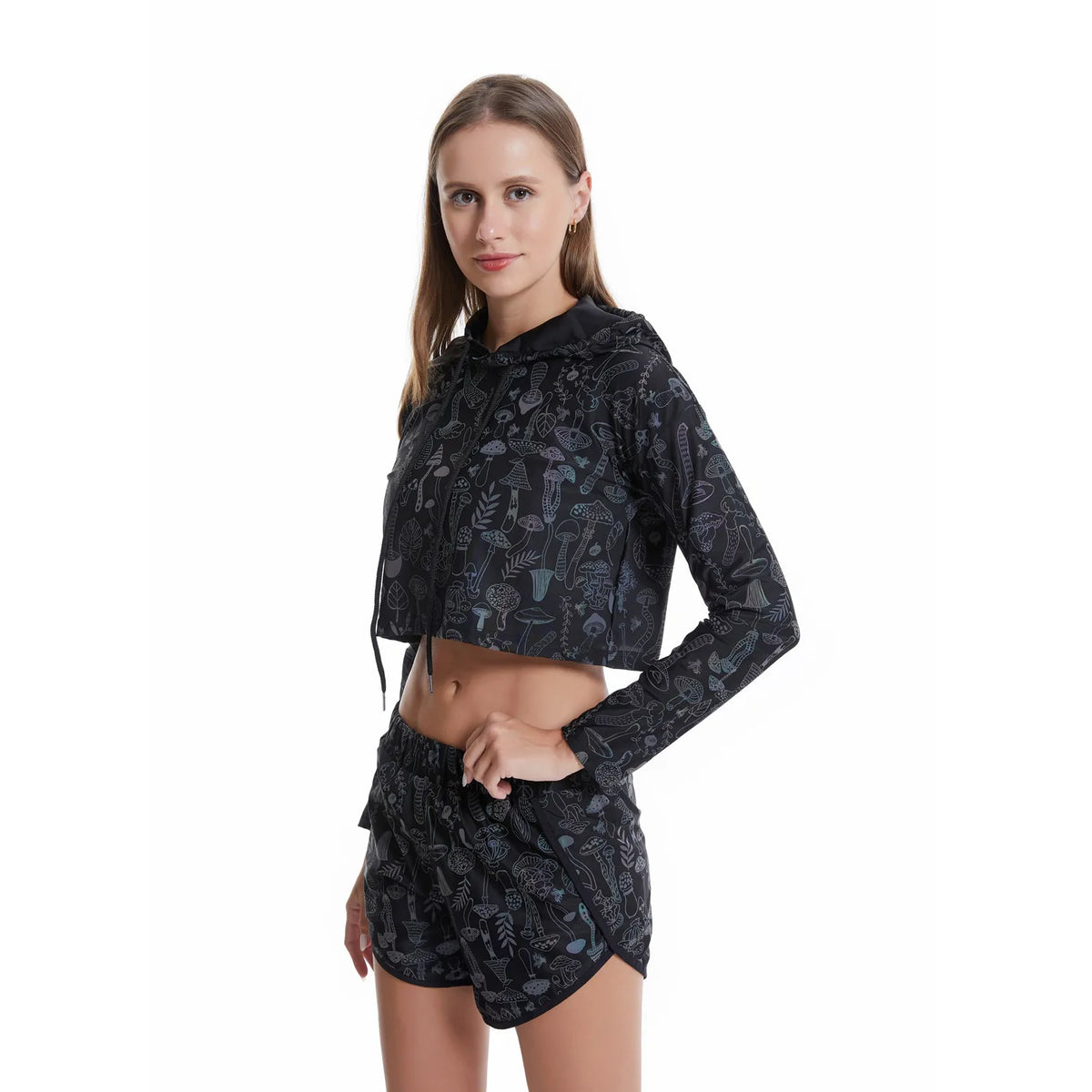 Reflective Mushroom Print Shorts Cropped Hoodie