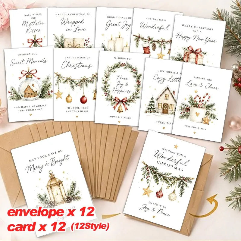 Pack of 12 Christmas Greeting Cards Twelve Different Watercolour Rustic Designs