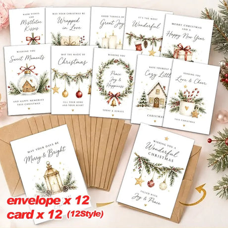 Pack of 12 Christmas Greeting Cards Twelve Different Watercolour Rustic Designs