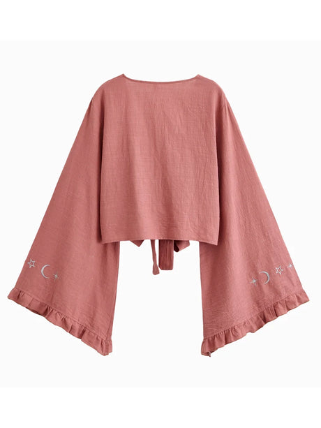 Boho Star Moon Embroidered Short Kimono Wrap Top Ruffled Flare Sleeves Cover-ups