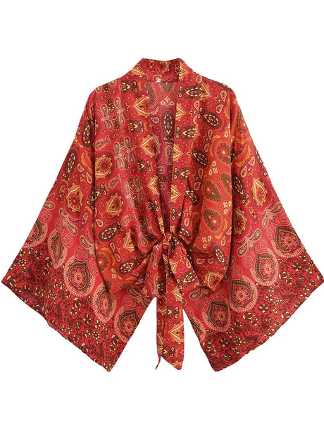 Nuri's Boho Short Kimono Red Floral Wrap Top