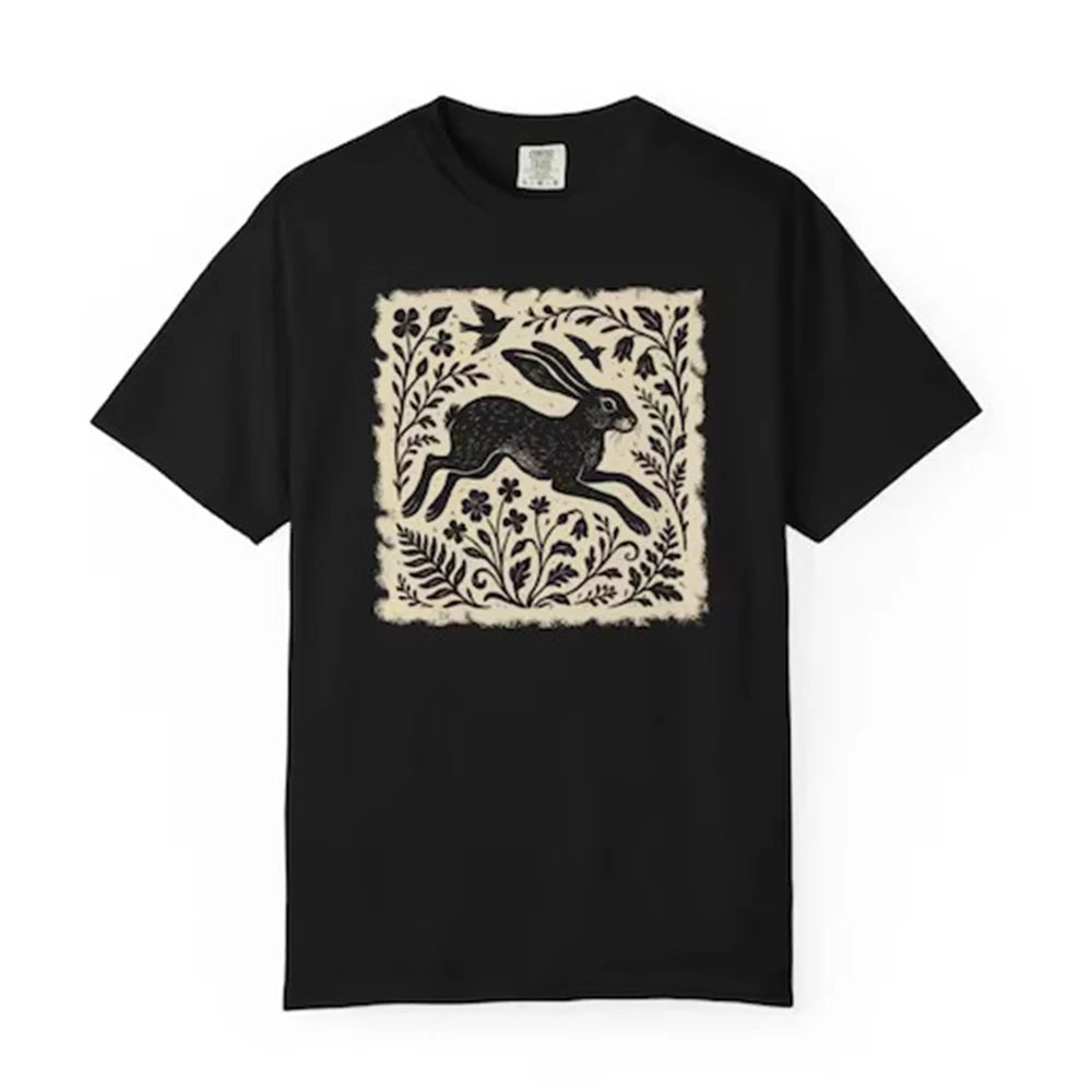 Wild Hare Linoprint T-Shirt Folk Art Forest Animal Naturecore Tee