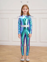 Girls Boys Alien Costume Shiny Metallic Full Body Suit Space Astronaut Robot Halloween Dress Up