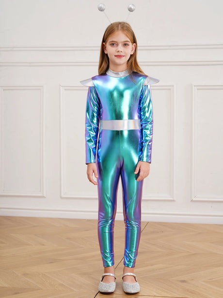 Girls Boys Alien Costume Shiny Metallic Full Body Suit Space Astronaut Robot Halloween Dress Up
