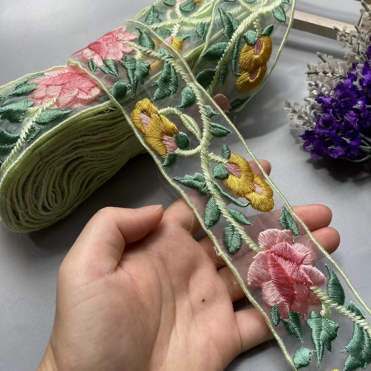 Pale Green & Pinks Embroidered Lace Ribbon DIY Crafts 1 Yard 5cm