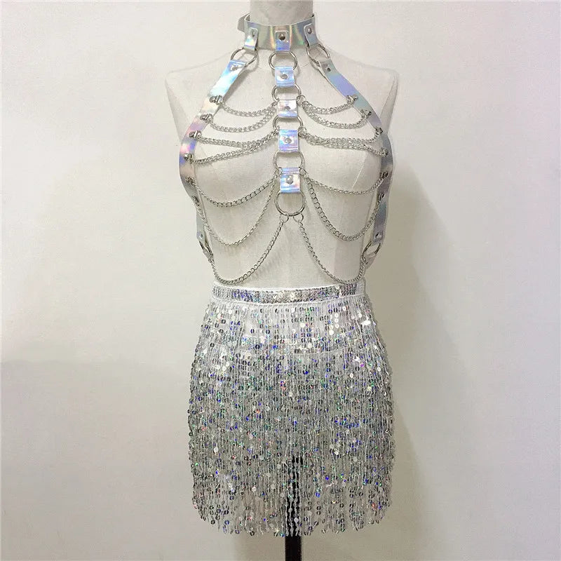 PU Leather Harness 2 Piece Set Metal Chest Chain With Tassel Sequins Mini Skirt Festival Party Club Outfits