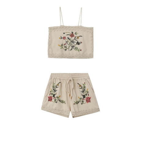 Terra's Boho Summer Cotton Linen Short Sets Camis Top Floral Folk Style Embroidery