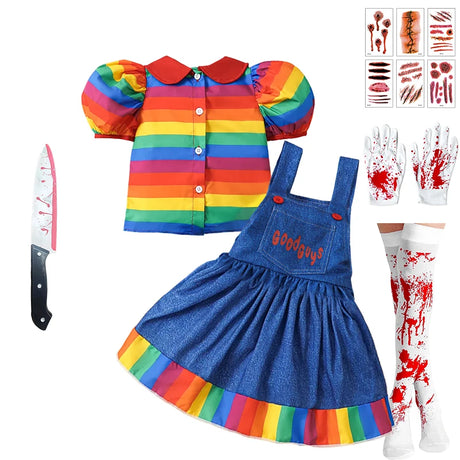 Chucky Costume  Halloween Toddler Baby Girl Cosplay Kids Rainbow Striped Shirt Overalls