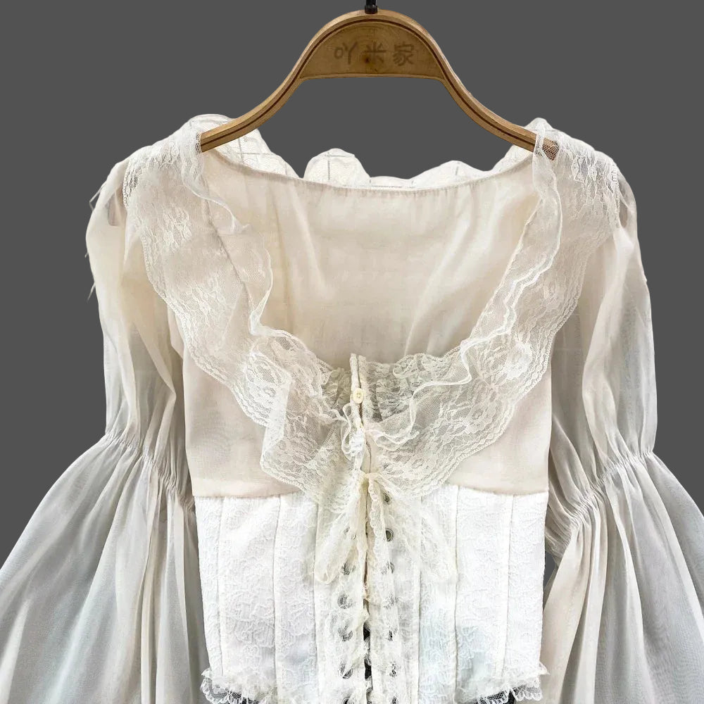 French Court Blouse Chiffon Lace Lace-up Top