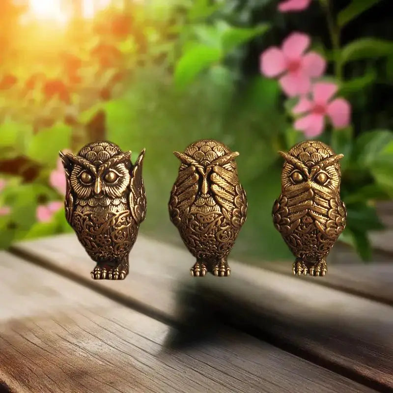See No Evil, Hear No Evil, Speak No Evil Brass Owl Statues Tea Pets