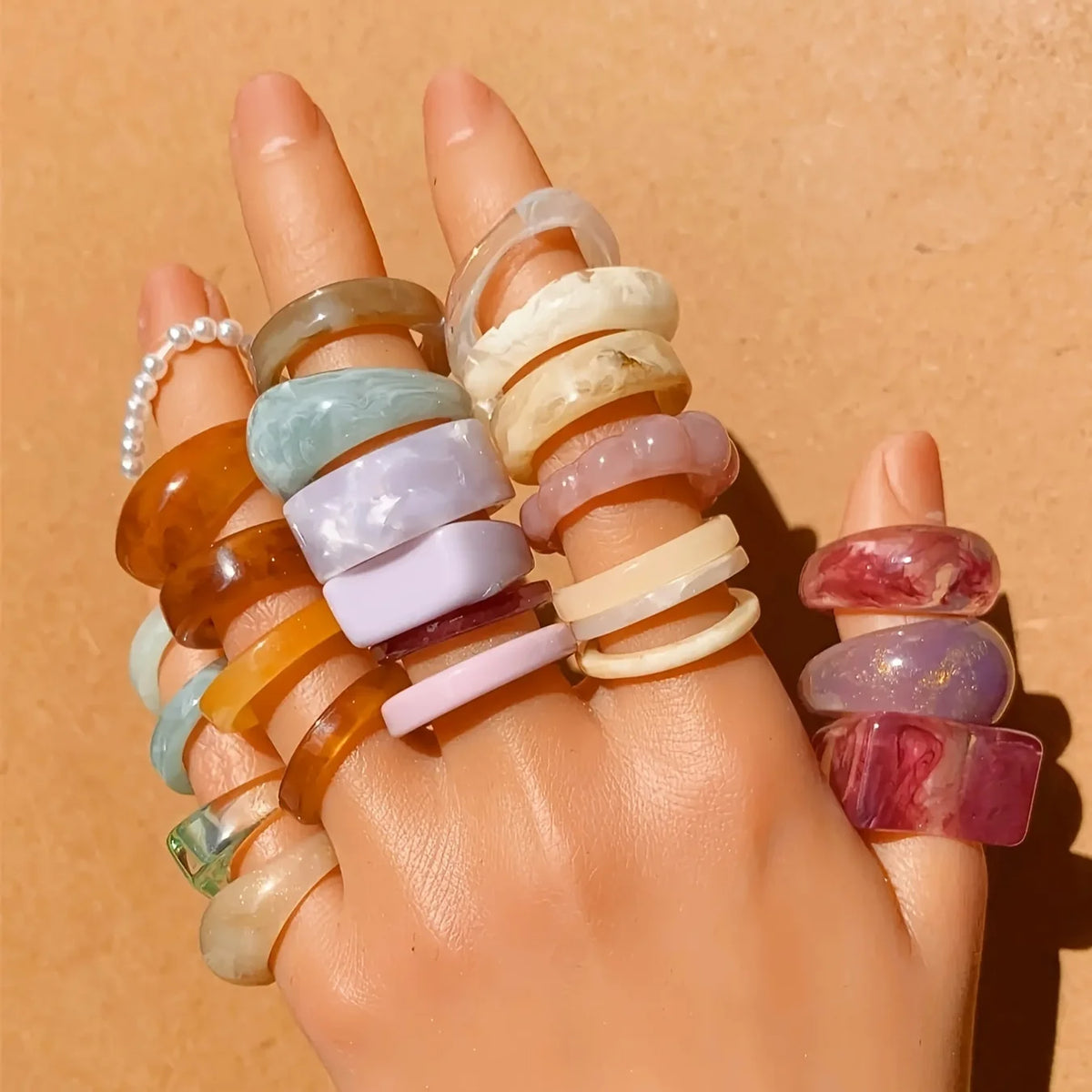 Set of 25 Vintage Bohemian Style Rings Acrylic Resin Gold Foil Ring Set