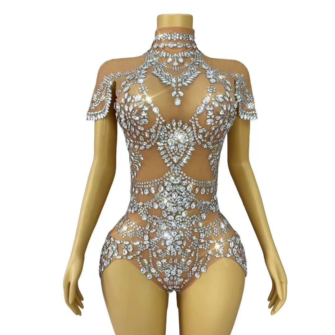 Sparkly Rhinestones Bodysuit Transparent Mesh Performance Dance Costume Stage Wear