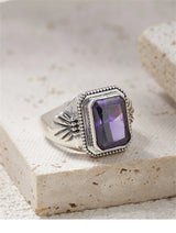 Maga's Portal Key S925 Sterling Silver Diamond Ring Square Natural Amethyst
