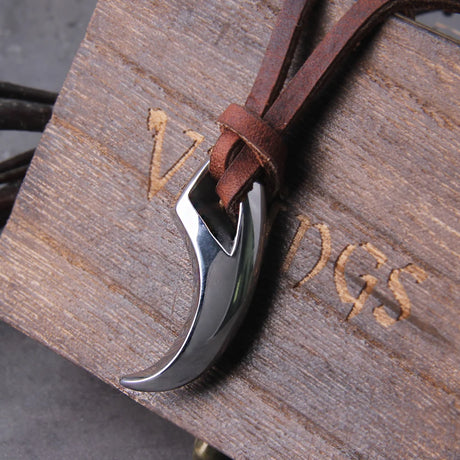 Viking Wolf Fang Stainless Steel Pendant Necklace For Men with Wooden Gift Box