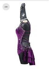 Purple Velvet  Latin Dance Competition Bustle Dress Line Skirts Stage Costume