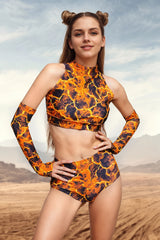 Roller Derby Performance Outfit Women High Neck Crop Set Rave Party Clubwear Printed Bodycon Set