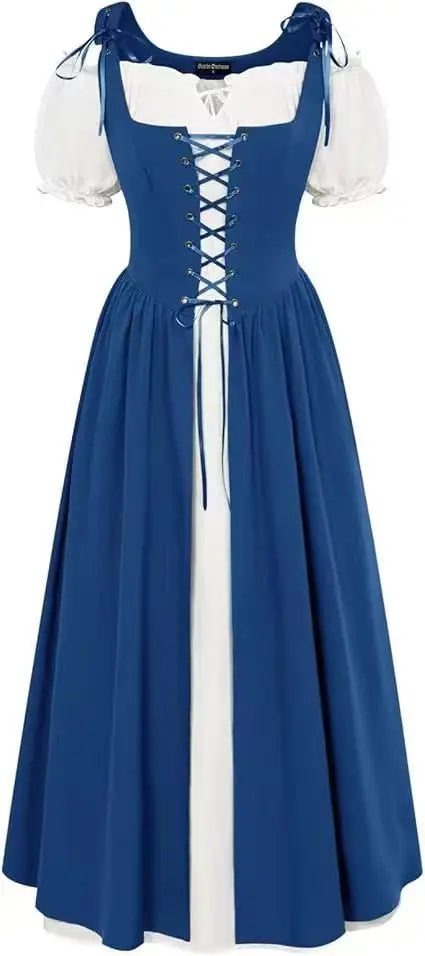 Medieval Cosplay Costume Women Two Layer Lace Up Bodice Dress
