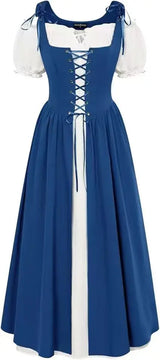 Medieval Cosplay Costume Women Two Layer Lace Up Bodice Dress
