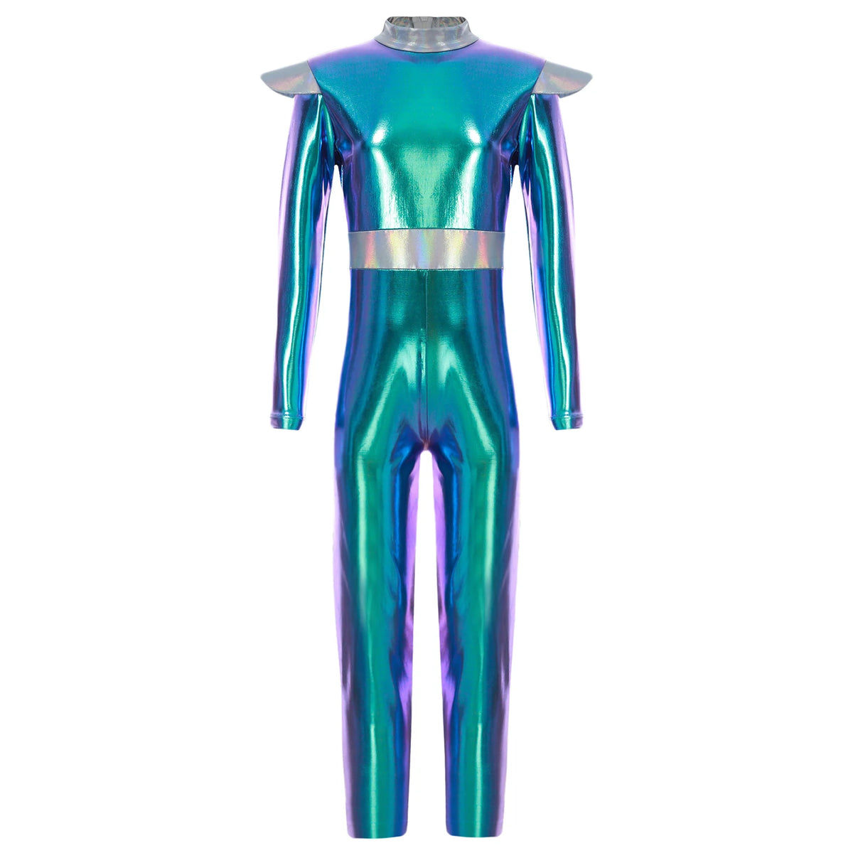 Girls Boys Alien Costume Shiny Metallic Full Body Suit Space Astronaut Robot Halloween Dress Up