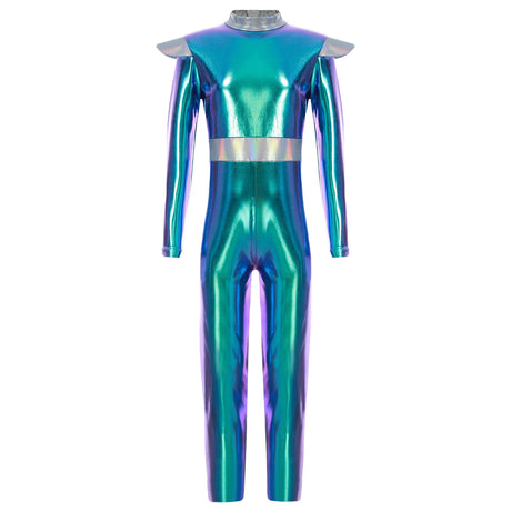 Girls Boys Alien Costume Shiny Metallic Full Body Suit Space Astronaut Robot Halloween Dress Up