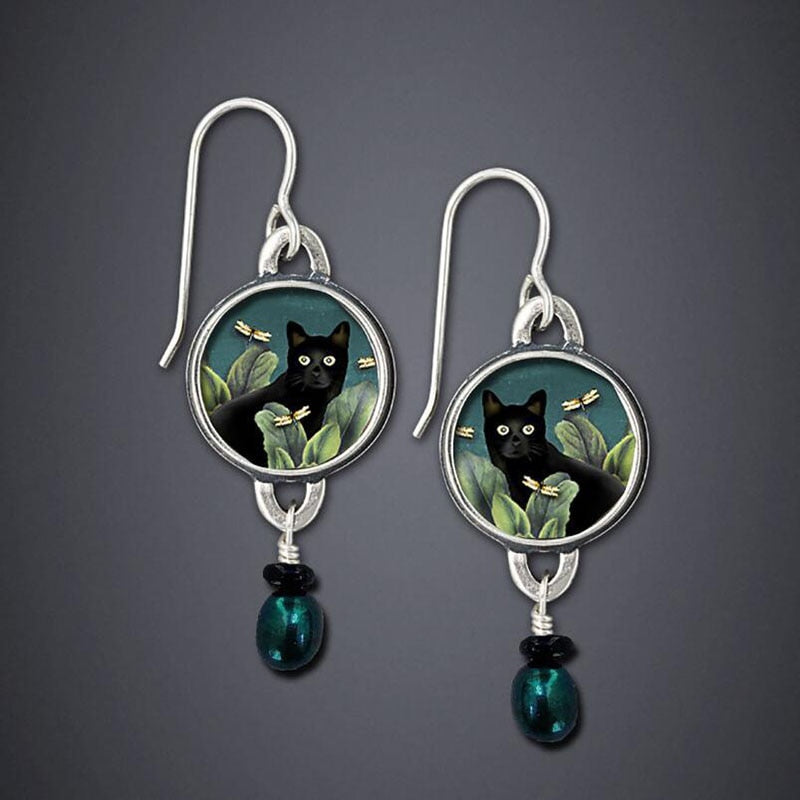 Black Cat & Dragonflies Earrings