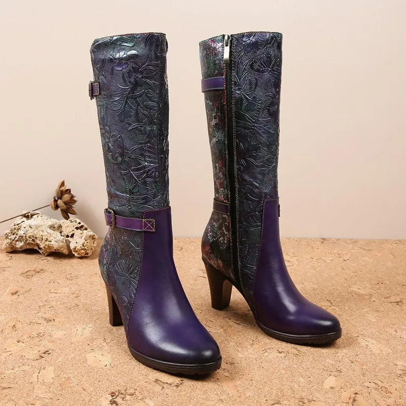 Purple Embossed Dragonfly Genuine Leather Long Boots